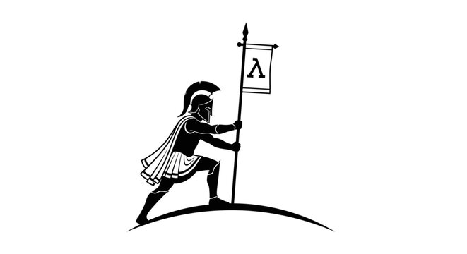 Spartan Warrior Holding Flag with Lambda Symbol on Hilltop