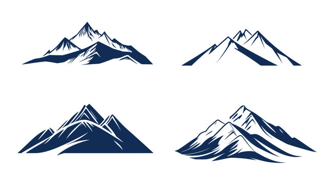 Four stylized mountain illustrations, each in dark blue against a clean white background