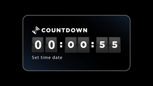 60 Second Countdown Timer with Modern Flip Clock Animation on Black Background. Dark Glassmorphism style. Countdown timer counter