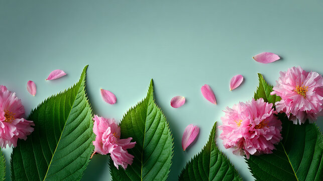 Pink Cherry Blossom Flowers with Green Leaves on Soft Pastel Background with Copy Space