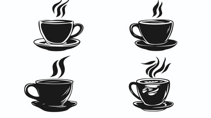 Obraz premium Four black and white illustrations of coffee cups with steam rising, on saucers