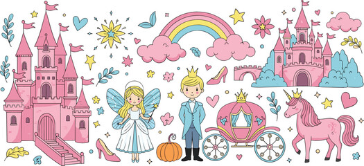 Fairytale princess and prince fantasy elements collection with castle, unicorn, carriage, rainbow, fairy, and magical storybook characters vector illustration set © Mst