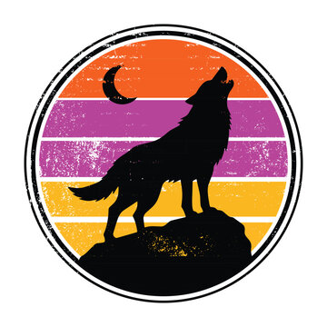 Howling Wolf - retro sunset silhouette with moon and vintage distressed style