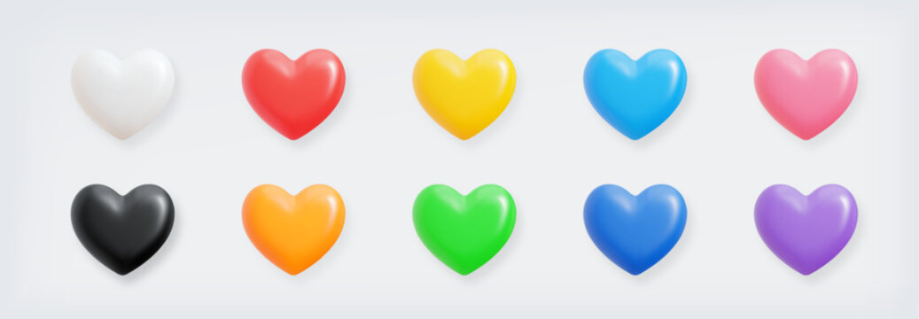 3D heart shape icon set isolated on light background. Balloon realistic glossy love symbol collection. Minimalist emoji elements for social media, web interface, and romantic design