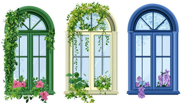 Illustration of three arched windows, each of a different color, adorned with flowers and vines