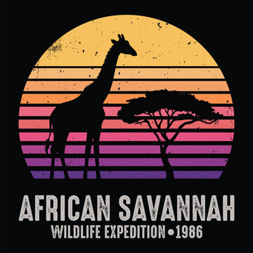 African Savannah - giraffe and acacia tree silhouette with purple vintage sunset