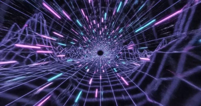 Abstract digital vortex with vibrant colors and grid lines creating a sense of depth and motion