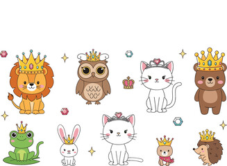 Obraz premium Cute Royal Animals with Crowns Illustration Set, Cartoon Lion, Owl, Cat, Bear, Frog, Bunny and Hedgehog Princess and King Characters