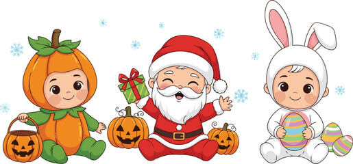 Fototapeta premium Cute Kids in Holiday Costumes for Halloween, Christmas, and Easter, Pumpkin, Santa, and Bunny Illustrations for Festive Fun