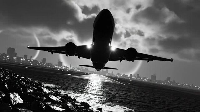 Black and white view of a plane taking off from an airport runway at dusk, front facing shot