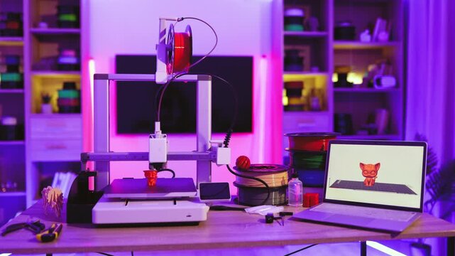 A modern 3D printer is actively creating a small orange cat figurine with colorful filament spools and a laptop displaying the design nearby