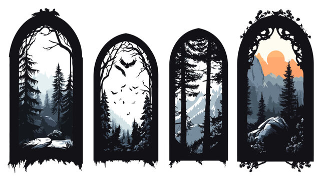 Four arched illustrations featuring landscapes, including forests, mountains, and sunrises