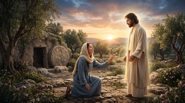 Mary Magdalene reaches out to Jesus near the empty tomb at dawn, her hand reaching towards him in a gesture of recognition and devotion.