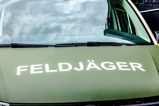 German  FELDJAEGER Logo on a green military car