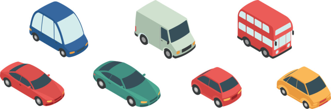 Isometric vehicles set, cars van and bus collection, urban transport vector illustration design isolated