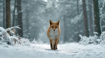 Fototapeta premium Stunning Cinematic Photograph of an Orange Fox Walking Through a Snowy Forest in Winter Wonderland Setting