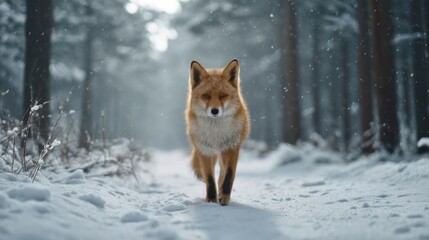 Fototapeta premium Majestic Orange Fox Walking Through a Snowy Forest in Cinematic Style with Soft Lighting and Atmospheric Background