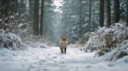 Fototapeta premium A Beautiful Fox Walking Through a Snowy Forest Path Surrounded by Frosty Trees in a Cinematic Landscape