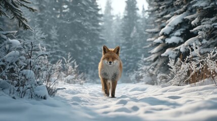 Fototapeta premium Majestic Fox Walking Through Snowy Forest with Soft Light and Frosty Trees in Cinematic Scene