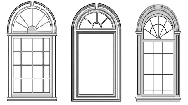 Architectural illustration of three arched windows, showing frames and gridded panes