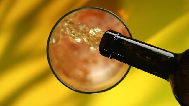 A bottle pouring beer into a glass, creating bubbles, viewed from above. Concept of refreshment, advertising content for bars, pub, cafes, and restaurants, celebration, nightlife and social gatherings