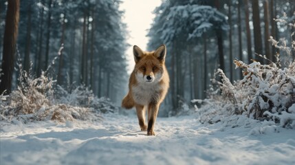 Fototapeta premium Majestic fox walking through a serene snowy forest with tall trees and vibrant winter colors in a cinematic style