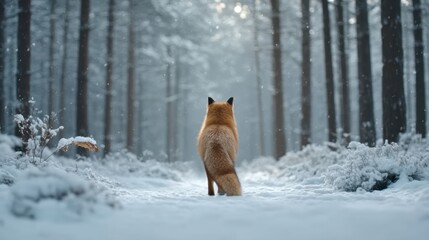 Fototapeta premium A Fox Walking Through a Snow-Covered Forest in a Serene Winter Landscape