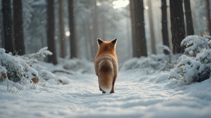 Fototapeta premium A Red Fox Walking Through a Serene Snow-Covered Forest Path under Soft Winter Light