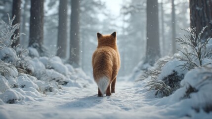 Fototapeta premium Fox Walking Through a Snow-Covered Forest Path Surrounded by Tall Trees and Gentle Snowfall