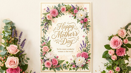 A 'Happy Mother's Day' floral wreath featuring roses and lavender frames a heartwarming sentiment for the most wonderful mom in the world.