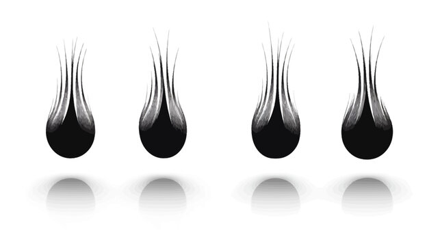 Monochrome artwork featuring four abstract shapes resembling stylized tear drops with reflective shadows