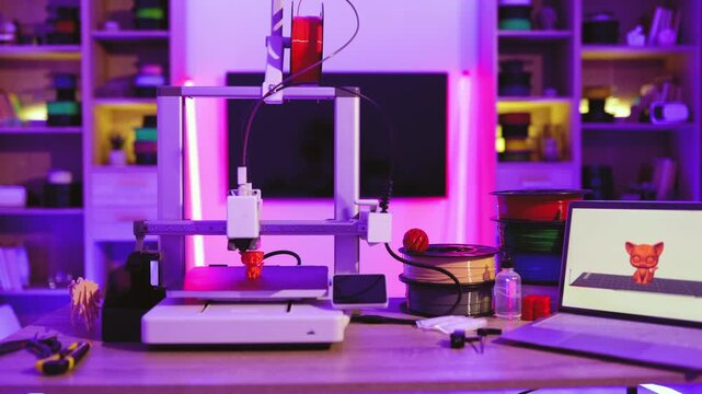 A 3D printer is actively creating a small orange cat figurine on its build plate, surrounded by spools of filament and a laptop displaying the design