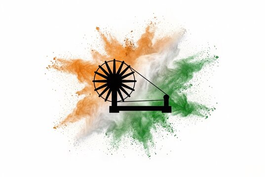 AI generated artistic illustration of Indian charkha with tricolor paint splash