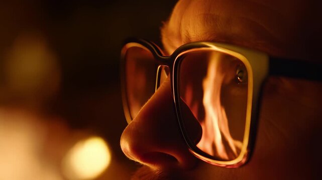 Close-up profile of a man with glasses watching a fire. Burning flames reflecting in eyewear lenses at night. Danger and emergency concept