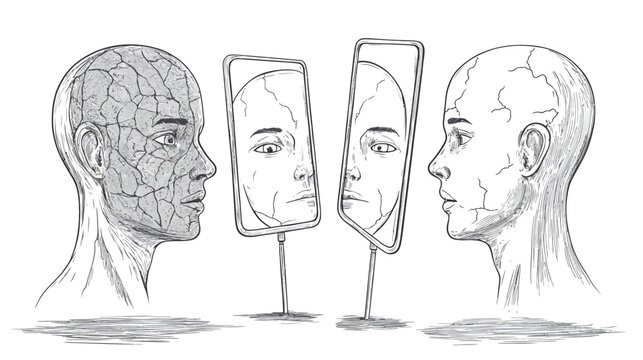 Black and white illustration of two heads with fragmented skin, mirrors showing faces