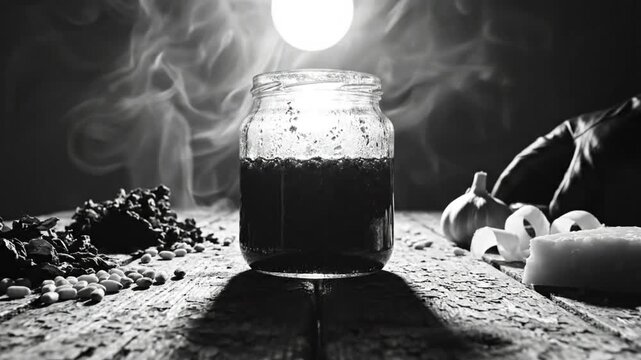 Dramatic shot of a jar of pesto with ingredients on a distressed wooden table with swirling smoke and moody lighting.