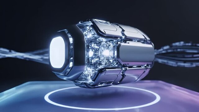 Futuristic glowing capsule floating with data streams above platform