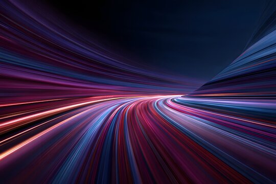 Infinite perspective of glowing light paths stretching towards horizon representing advanced transportation networks and superfast internet connectivity in dark digital landscape environments