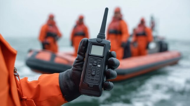 A Close-Up of Hands Holding a Walkie-Talkie on a Rescue Mission at Sea in Standard Conditions