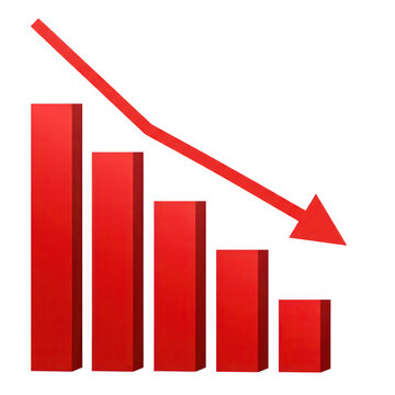 Red bar graph with downward arrow isolated on transparent background