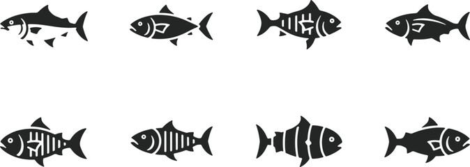 Fototapeta premium Varied illustrations of different fish species in black and white silhouette style