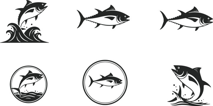 Various stylized illustrations of tuna fish in different artistic representations