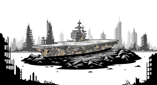 Aircraft Carrier Wrecked in Ruined City Post Apocalypse