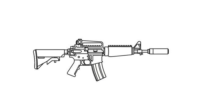 Assault Rifle with Silencer - Line Art Illustration