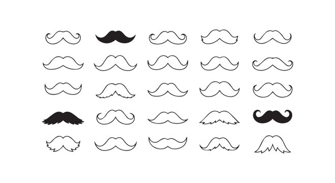 Vintage mustache styles collection featuring various masculine facial hair shapes for barber shop branding and grooming kits.
