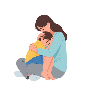 Mother comforting her crying child sitting on floor