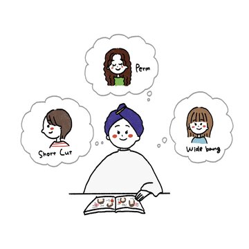美容室でオーダーをどうしようか悩んでいる女性のイラスト