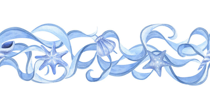Hand drawn watercolor seamless border with abstract wavy seaweed, starfish and shells. Monochrome decorative underwater ornament. Flowing abstract marine plants with intertwined leaves. Good as
