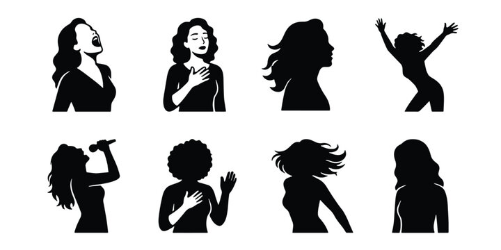 Black silhouette woman singing and dancing collection, 8 female singer icons set, expressive musical performance vector graphics for concert posters