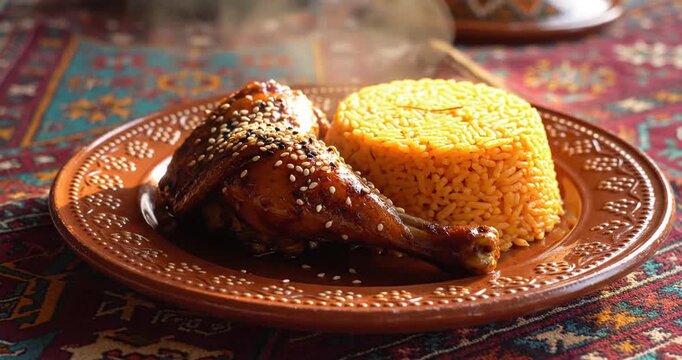 Savory grilled chicken leg served with aromatic saffron rice on a colorful patterned tablecloth